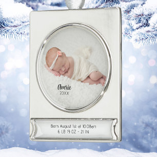 Personalised Baby Photo Birth Stats Christmas Silver Plated Banner Ornament