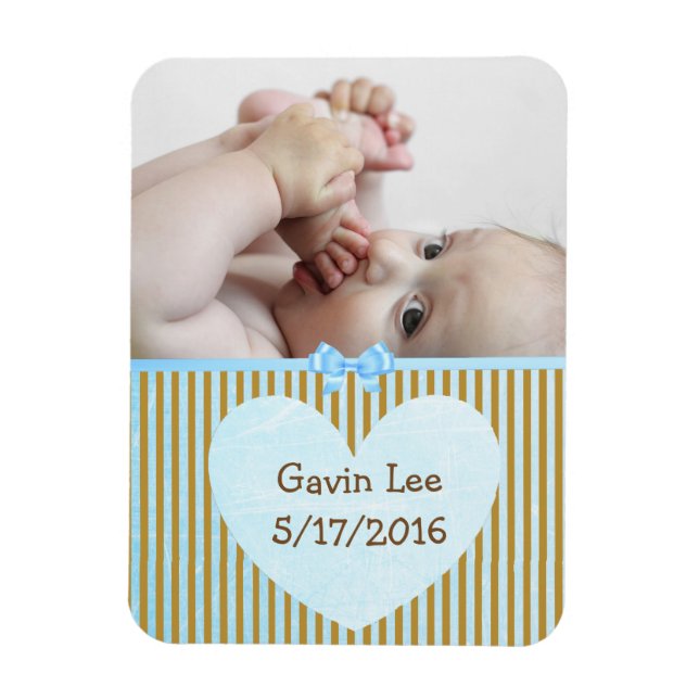 Personalised Baby Photo Magnet Brown & Blue Stripe (Vertical)