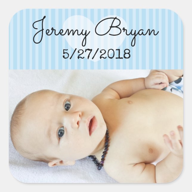 Personalised Baby Photo Stickers Blue Heart Stripe (Front)