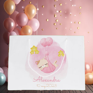 Personalised Baby Pink Cat Custom Name and Date Large Gift Bag
