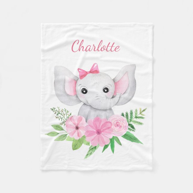 Personalised Baby Pink Elephant Gift for Baby Girl Fleece Blanket (Front)