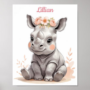 Personalised Baby Rhino Elegant Safari Nursery Poster