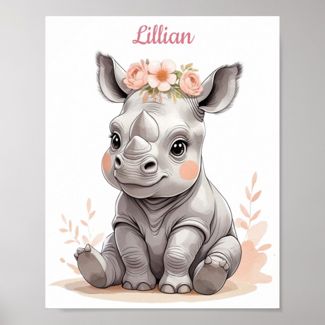Personalised Baby Rhino Elegant Safari Nursery Poster (Front)