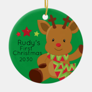 Personalised Baby Rudolph Reindeer 1st Christmas Ceramic Tree Decoration