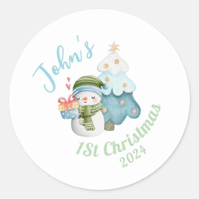Personalised Baby’s 1st Christmas Classic Round Sticker (Front)