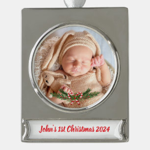 Personalised Baby’s 1st Christmas with photo Silver Plated Banner Ornament