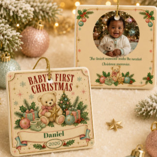 Personalised Baby’s First Christmas 2026 Retro Ceramic Ornament