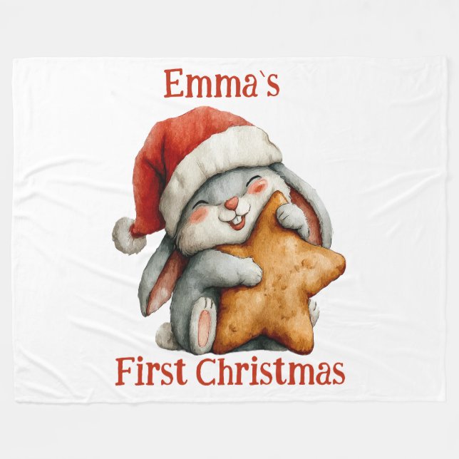 Personalised Baby’s First Christmas Bunny Fleece B Blanket (Front (Horizontal))