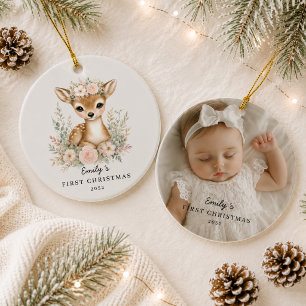 Personalised Baby’s First Christmas Photo 1 Fawn Ceramic Tree Decoration