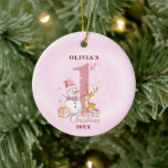 Personalised Baby’s First Christmas Snowman Ceramic Tree Decoration<br><div class="desc">Celebrate your baby girl’s magical first Christmas with this heartwarming winter design! Featuring a cheerful snowman, reindeer, and wrapped gifts, all surrounding a pink “1st” in the centre. Personalise it with your child’s name and the year to create a memorable keepsake for new parents, grandparents, or your own family. This...</div>
