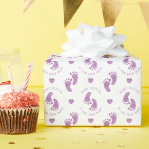 Personalised Baby Shower Baby Feet Purple Glitter  Wrapping Paper