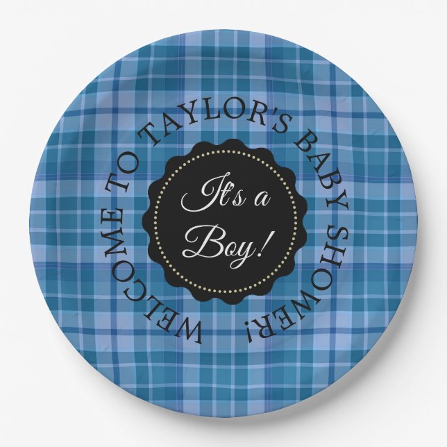 Personalised Baby Shower Blue Plaid Paper Plates (Front)