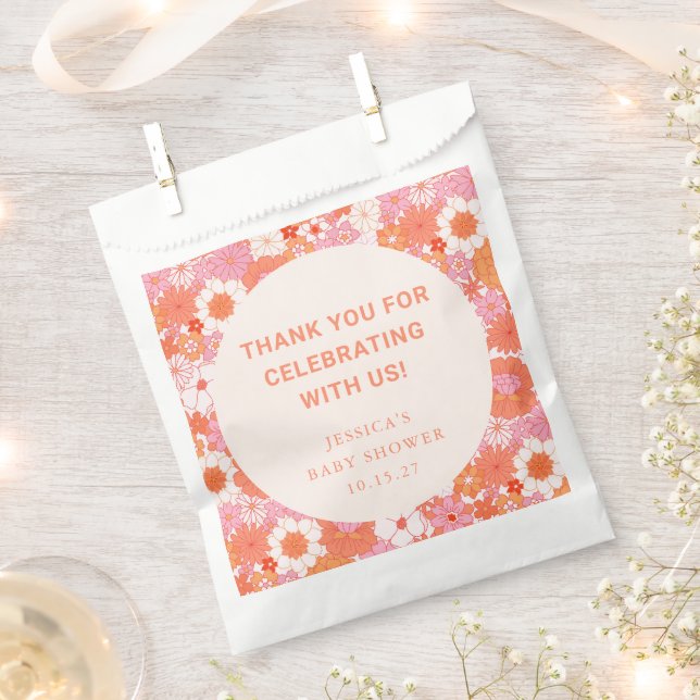 Personalised Baby Shower Coral Blush Floral Retro Favour Bags (Clipped)