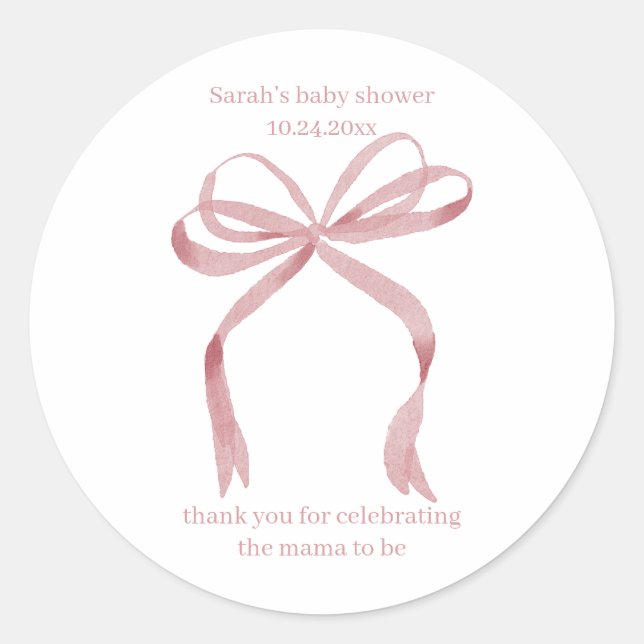 Personalised Baby Shower Favour Stickers Pink Bow (Front)