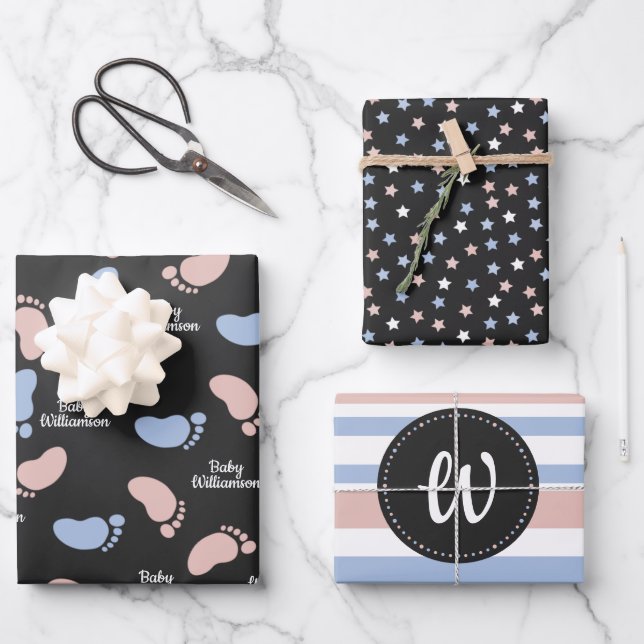 Personalised Baby Shower Gender Reveal Monogram Wrapping Paper Sheet (Front)