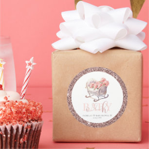 Personalised Baby Shower Glitter Baby Basket Classic Round Sticker