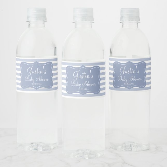 Personalised baby shower party elegant blue stripe water bottle label (Bottles)
