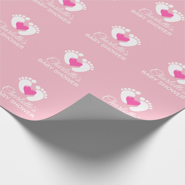 Personalised BABY SHOWER Pink Feet Heart GIRL Wrapping Paper (Corner)