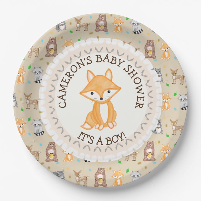 Personalised Baby Shower Plates Woodland Themed (Front)