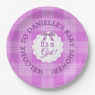 Personalised Baby Shower Purple Plaid Paper Plates