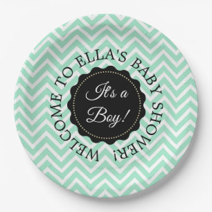 Personalised Baby Shower Sage Chevron Paper Plates