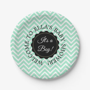 Personalised Baby Shower Sage Chevron Paper Plates