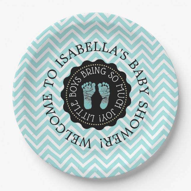 Personalised Baby Shower Teal Chevron Paper Plates (Front)