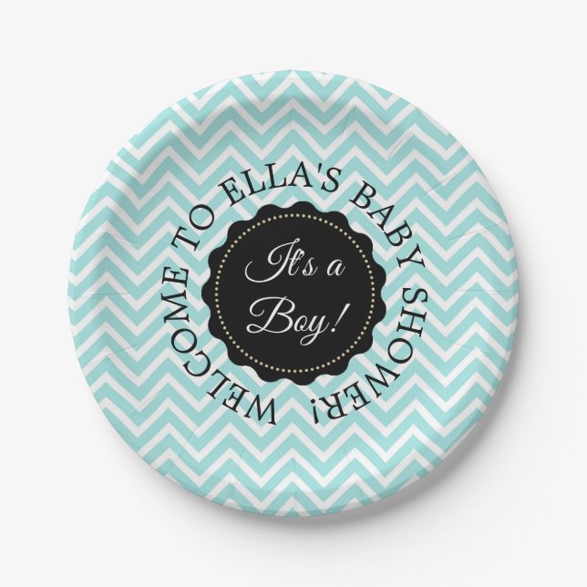 Personalised Baby Shower Teal Chevron Paper Plates (Front)