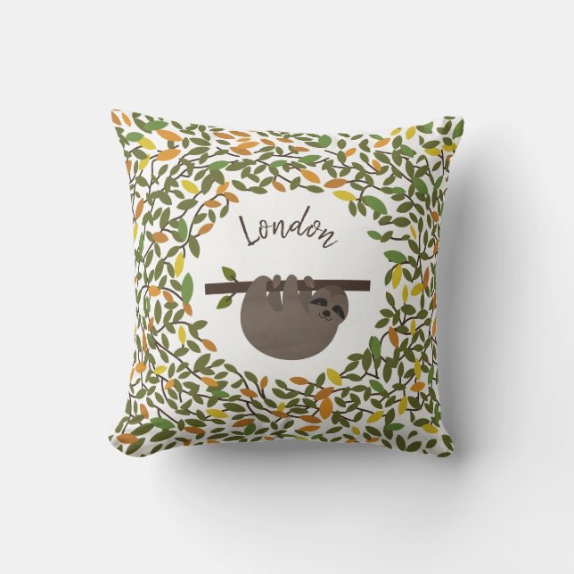 Personalised Baby Sloth Autumn Greenery Pillow (Front)