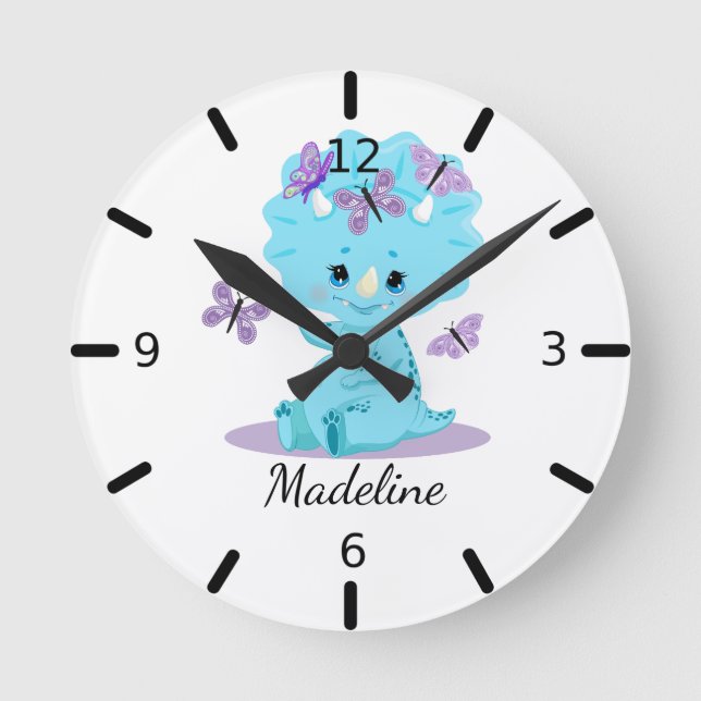 Personalised Baby Triceratops - Dinosaur Round Clock (Front)