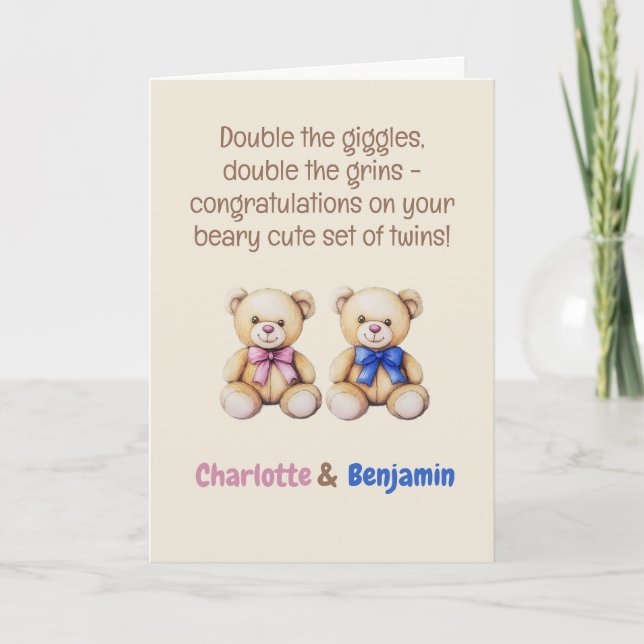 Personalised Baby Twins Congratulations, Bears     Card (Front)