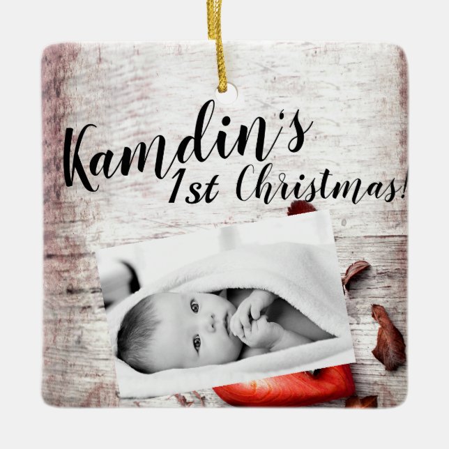 Personalised Baby XMAS Ornament Country Wood Key t (Front)