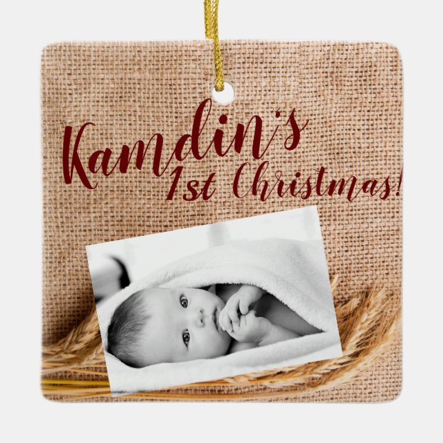 Personalised Baby XMAS Ornament Wheat on Burlap Sa (Front)