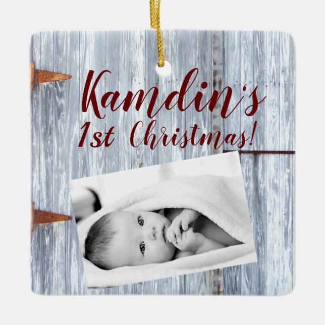 Personalised Baby XMAS Ornament White Wash Wood Ba (Front)