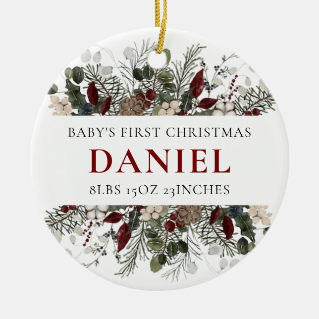Personalised Baby's 1st Christmas Winter Floral  Ceramic Tree Decoration (Front)