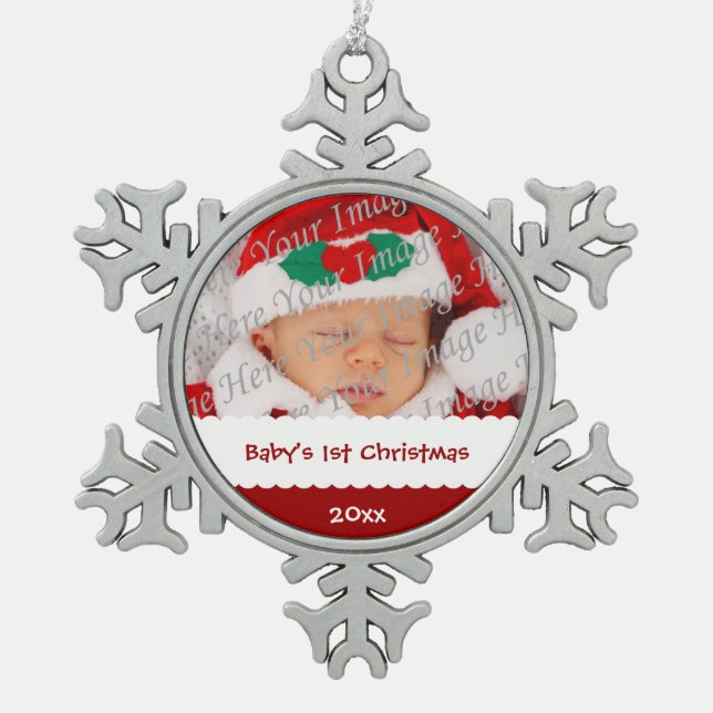 Personalised Baby's 1st Christmas with Photo Snowflake Pewter Christmas Ornament (Front)