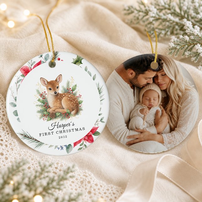 Personalised Baby's First Christmas Fawn Ceramic Tree Decoration (Personalized Baby's First Christmas Fawn Ceramic Ornament)