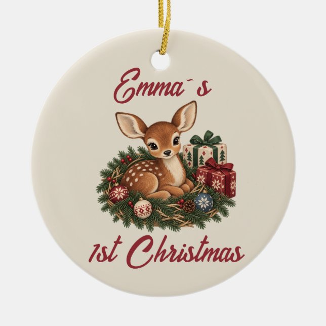 Personalised Baby's First Christmas Fawn Keepsake Ceramic Tree Decoration (Front)