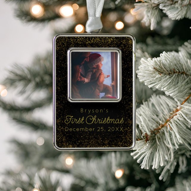 Personalised Baby's First Christmas Glitter Photo Silver Plated Framed Ornament (Creator Uploaded)