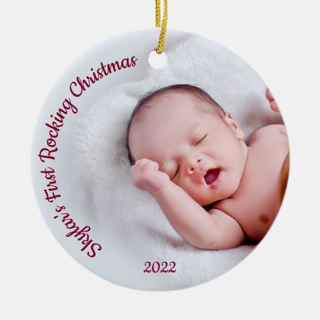 Personalised Baby's First Christmas Photo Name Cer Ceramic Tree Decoration (Front)