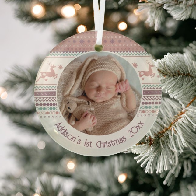 Personalised Baby's First Christmas Pink Reindeer Glass Tree Decoration (Creator Uploaded)