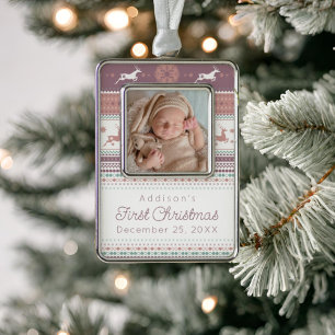 Personalised Baby's First Christmas Pink Reindeer Silver Plated Framed Ornament