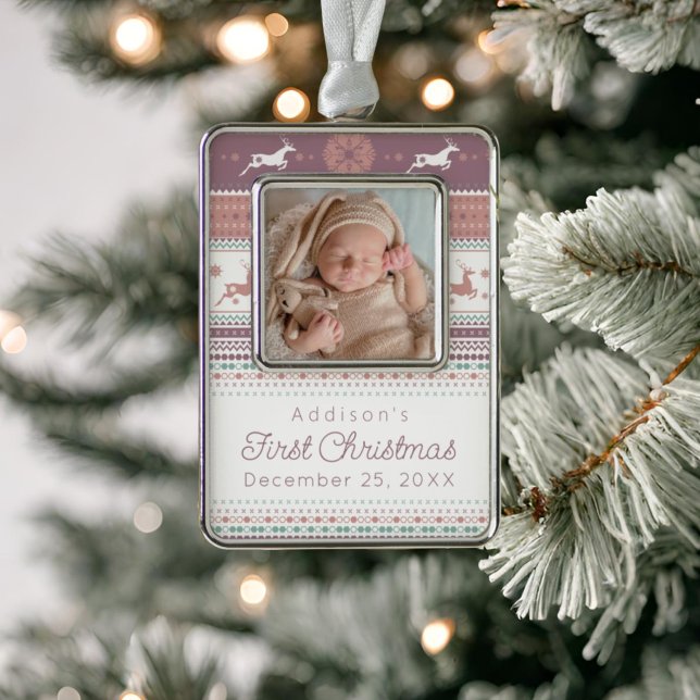 Personalised Baby's First Christmas Pink Reindeer Silver Plated Framed Ornament (Creator Uploaded)