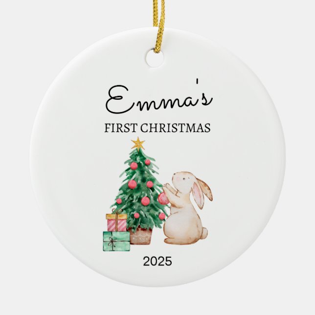 Personalised Baby's First Christmas, Rabbit Gift Ceramic Tree Decoration (Front)