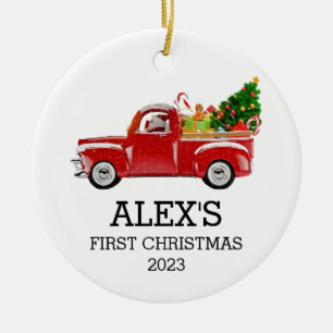 Personalised Baby's First Christmas Red Truck Boys Ceramic Tree Decoration