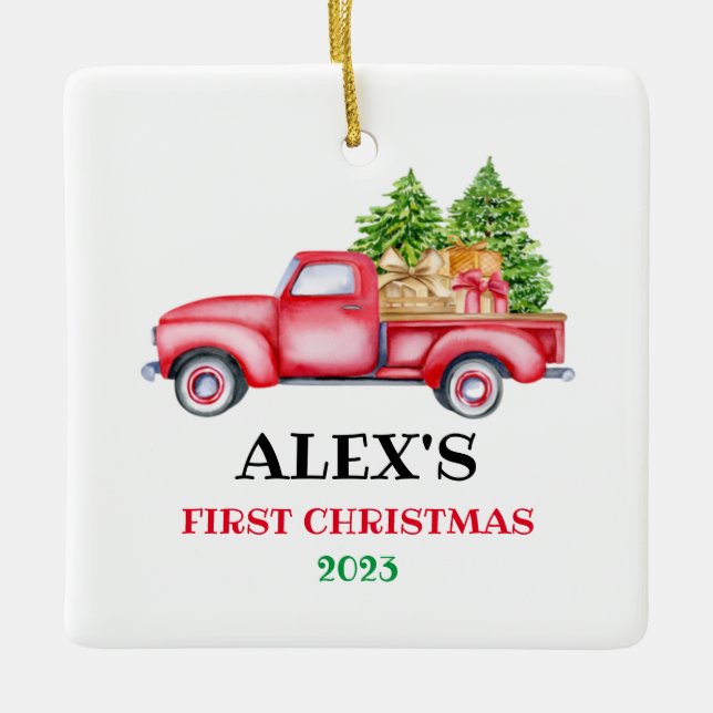 Personalised Baby's First Christmas Red Truck Xmas Ceramic Ornament (Front)