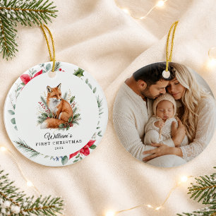 Personalised Baby's First Christmas Watercolor Fox Ceramic Tree Decoration