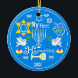 Personalised Baby's First  Hanukkah Ceramic Tree Decoration<br><div class="desc">Happy Hanukkah! Celebrate Hanukkah  this year with beautiful holiday design. Navy blue background with white Menorah and another Hanukkah items.</div>