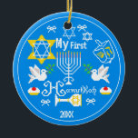 Personalised Baby's First  Hanukkah Ceramic Tree Decoration<br><div class="desc">Happy Hanukkah! Celebrate Hanukkah  this year with beautiful holiday design. Navy blue background with white Menorah and another Hanukkah items.</div>