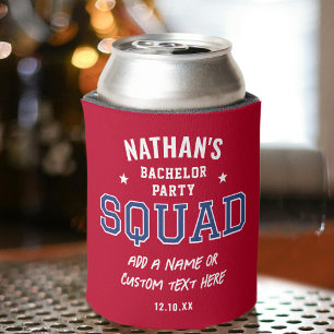 Personalised Bachelor Party Squad Crimson Red Navy Can Cooler